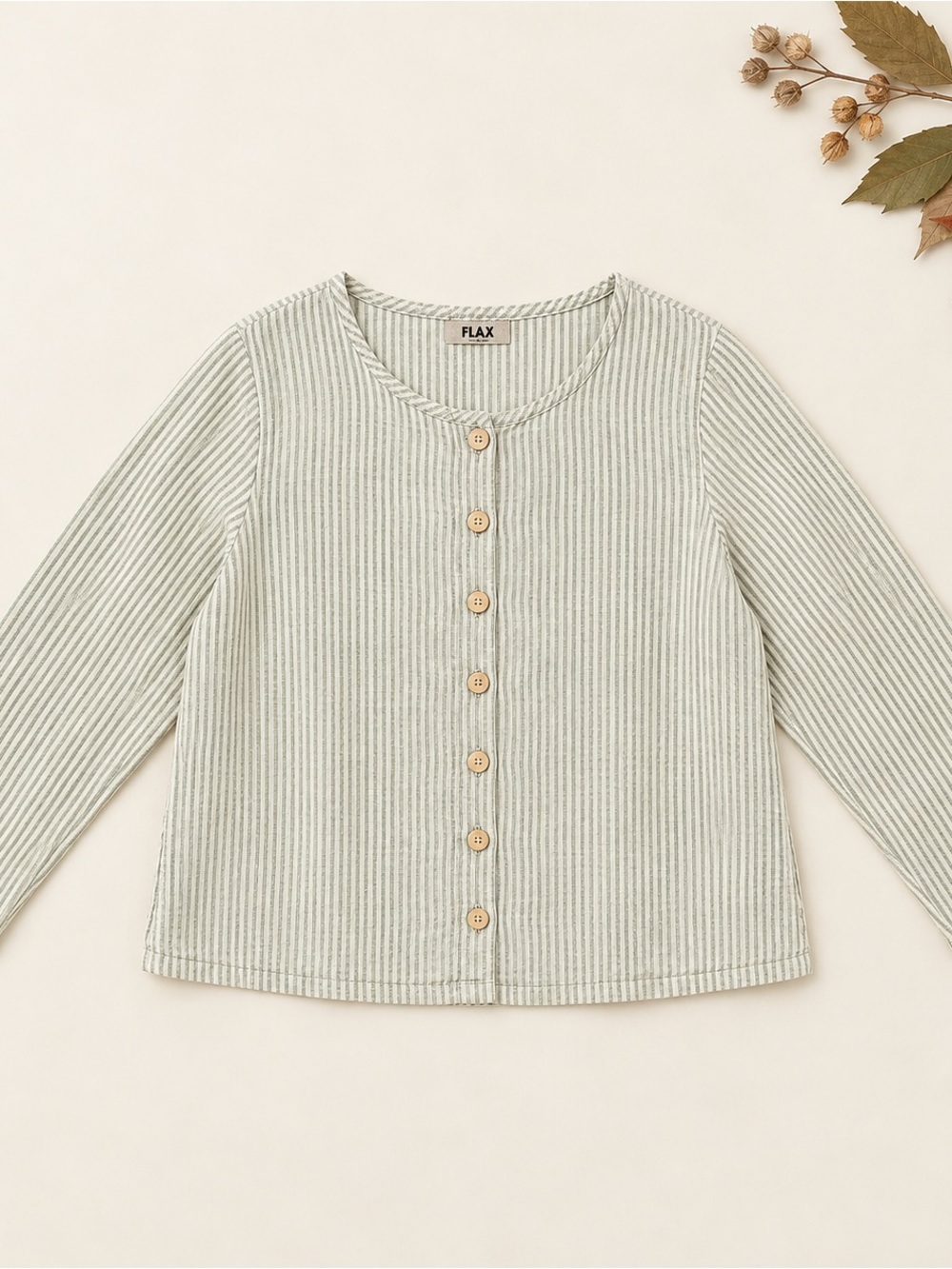 Flax 100% Linen Taupe & Cream Striped Button-Front Top